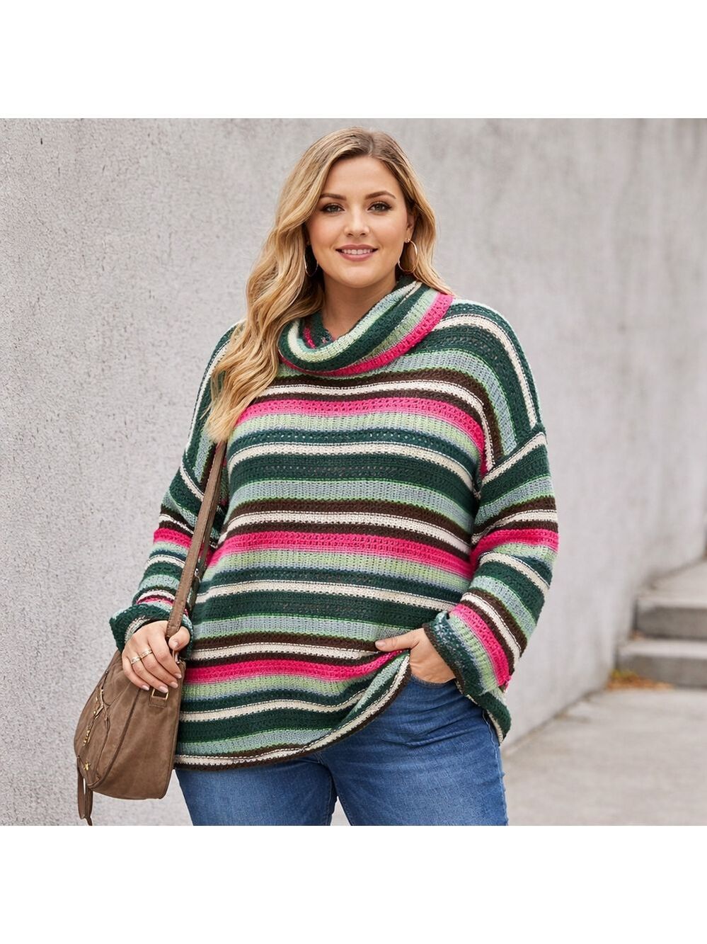 NWT Davi & Dani Striped Crochet Open Knit Sweater Plus Size Cowl Neck Pullover